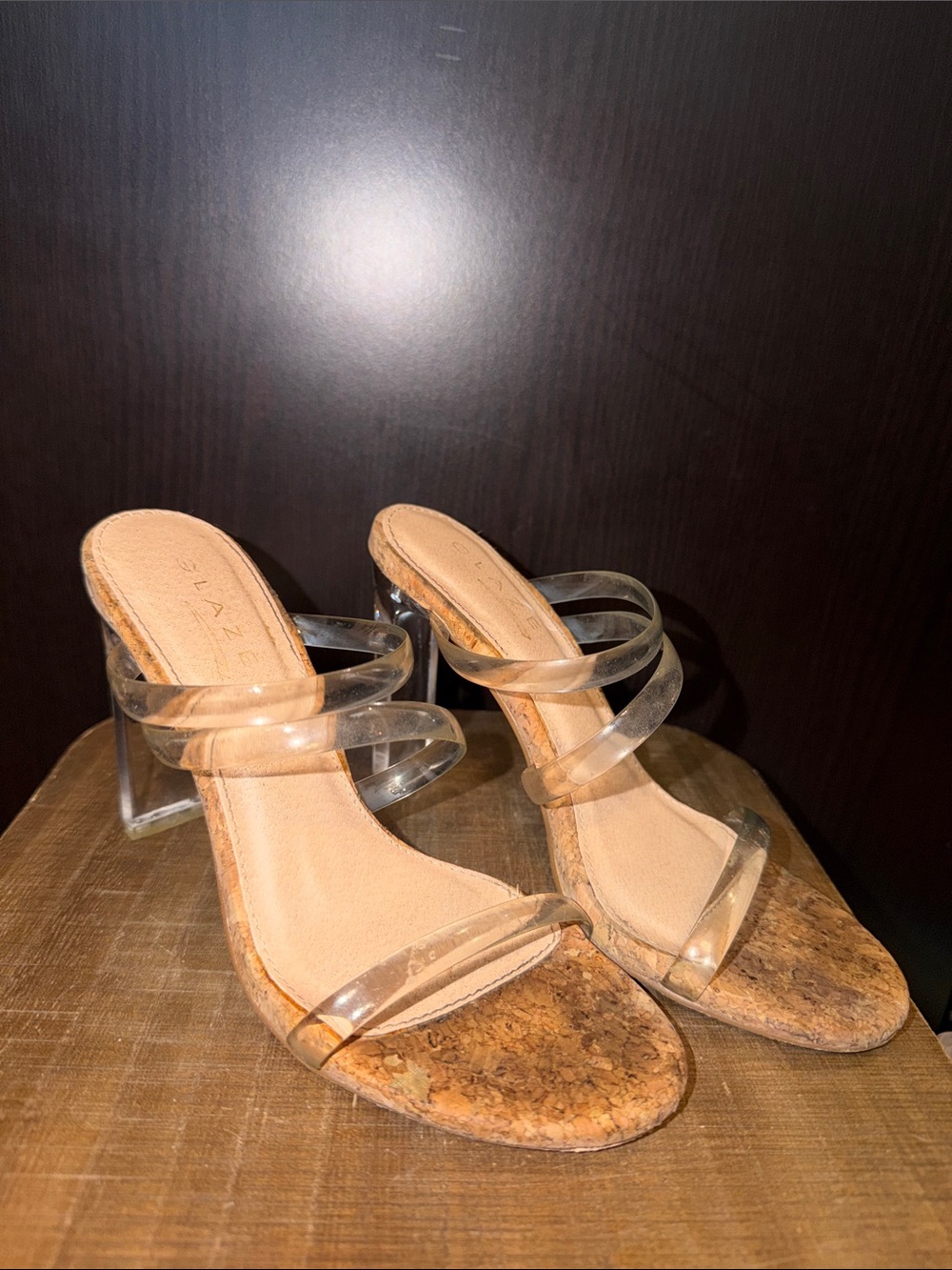 Clae Transparent Strappy Cork Block Heel Sandals